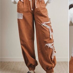 POL Rust Crochet-Trim Drawstring Joggers